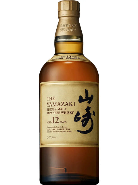 Yamazaki 12-year single malt Japanese whisky bottle with cream label and gold cap.