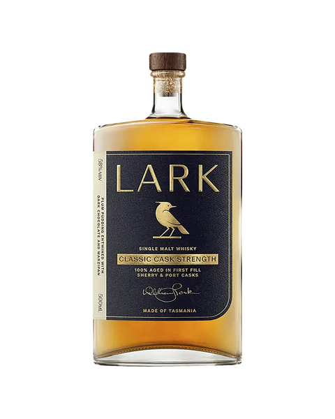 Lark Classic Cask Strength single malt whisky bottle from Tasmania, aged in sherry and port casks.