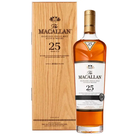 Macallan 25 Year Old Highland Single Malt Scotch Whisky bottle with wooden presentation box