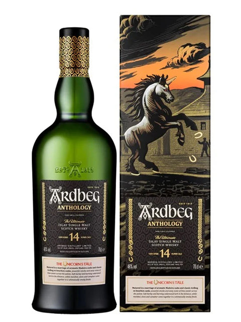 Ardbeg Anthology 14 Year Old The Unicorns Tale 700ml 46 percent ABV bottle

Ardbeg Unicorns Tale Anthology series label close up

Ardbeg Anthology 14 Unicorns Tale Islay peated single malt packaging