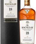 Amber colored The Macallan 18 Year Old Highland Single Malt Scotch Whisky bottle and black textured Sherry Oak Cask gift box.